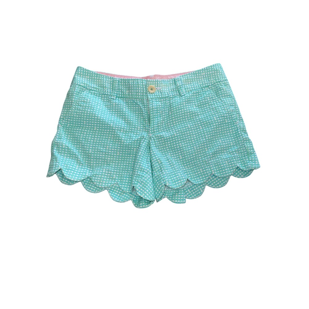 Lilly Pulitzer Buttercup Shorts Green White Gingham Scallop Hem Cotton Size 2